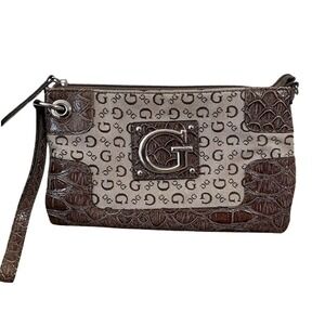 Guess Logo Clutch With Strap Brown Faux‎ Croc Zip Up